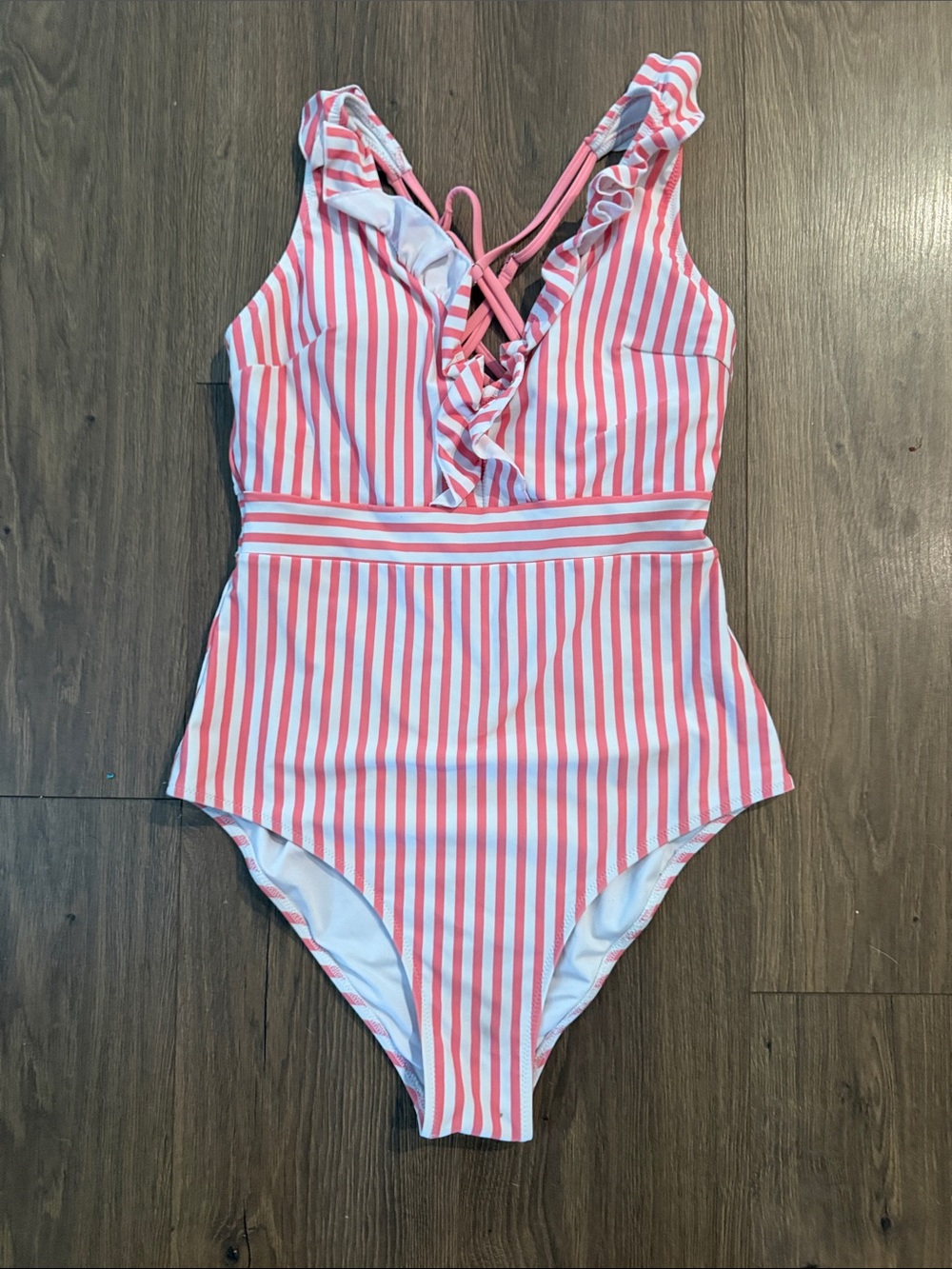 Cupshe Pink & White Vertical Stripe Ruffle V‑Neck One-Piece Swimsuit
